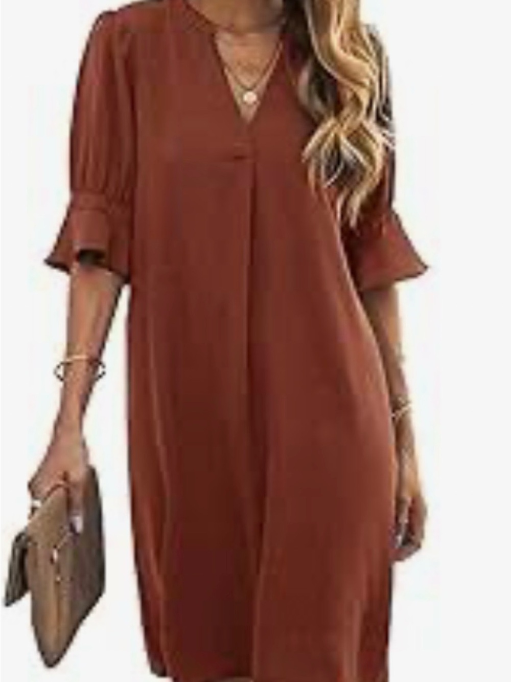 Womens Rust V-Neck Shift Dress With Ruffle Sleeves - Rust